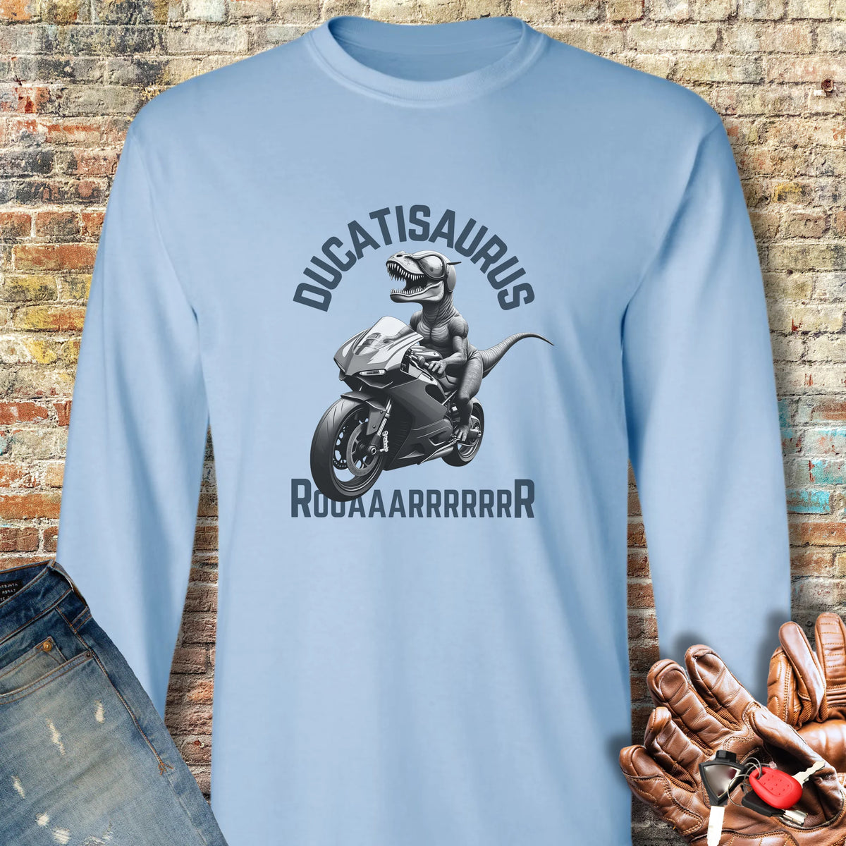 Ducatisaurus (B&W) Long Sleeve T-Shirt - Light Blue