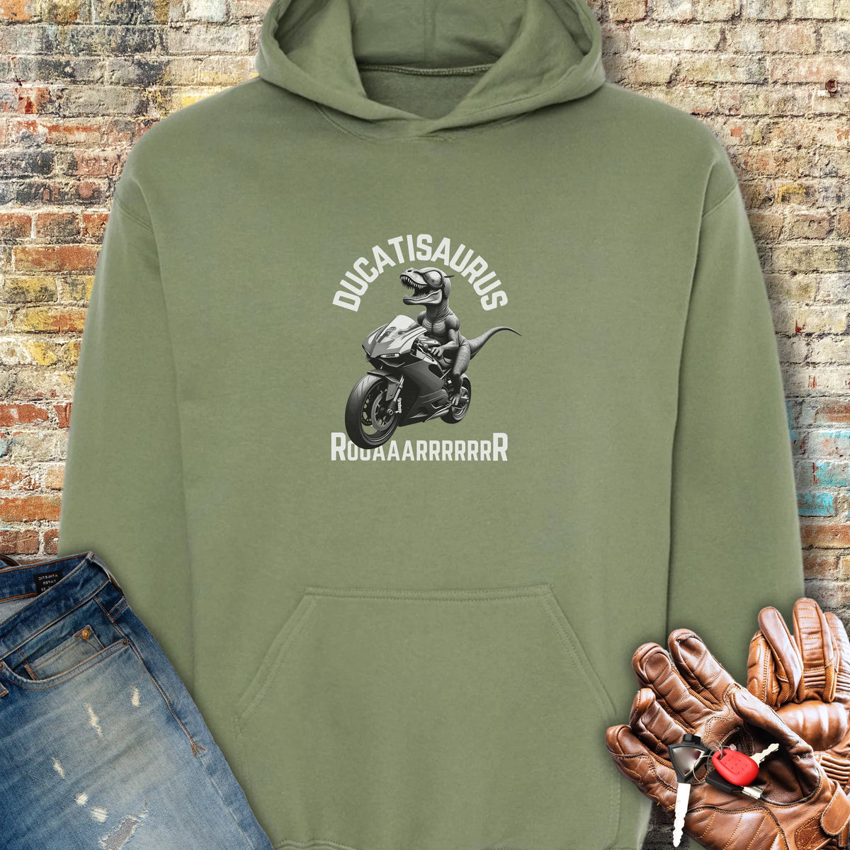 Ducatisaurus (B&W) Hoodie - Military Green