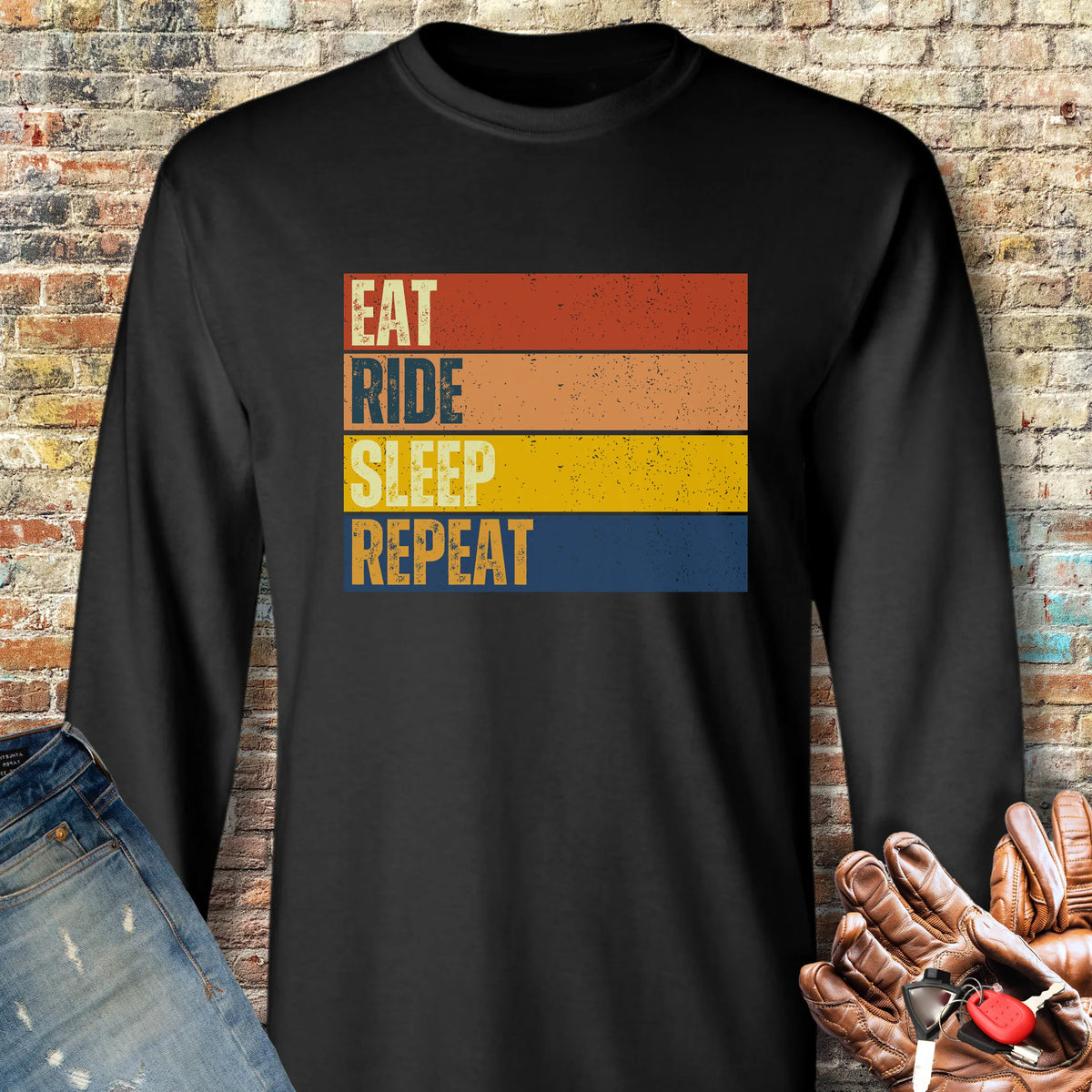 Eat Ride Sleep Repeat (Block) Long Sleeve T-Shirt - Black