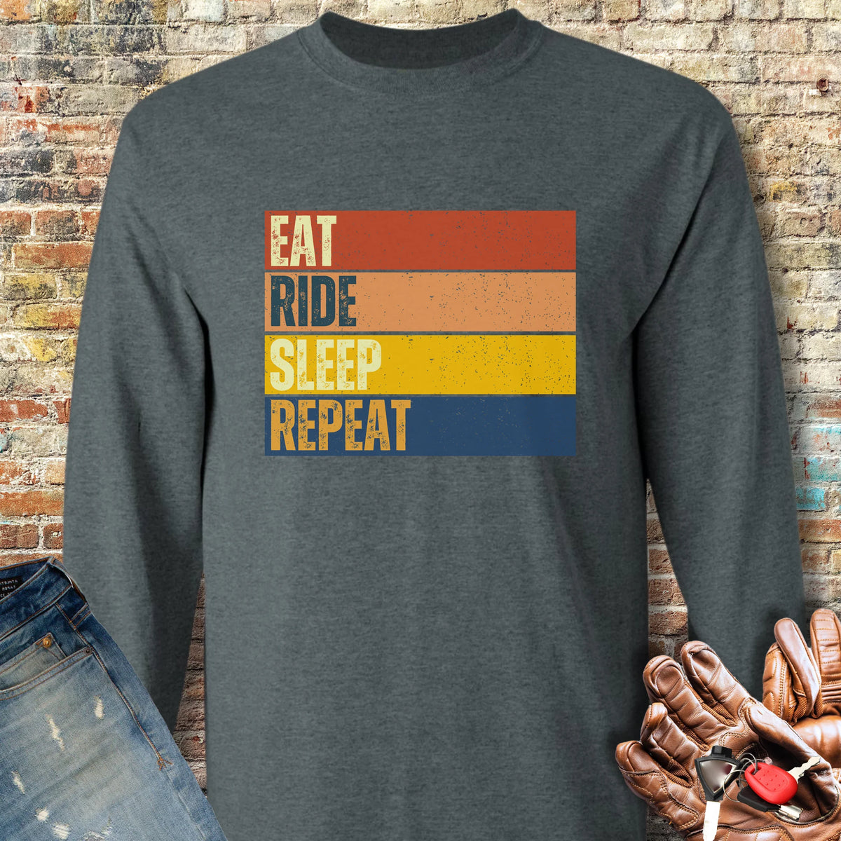 Eat Ride Sleep Repeat (Block) Long Sleeve T-Shirt - Dark Heather