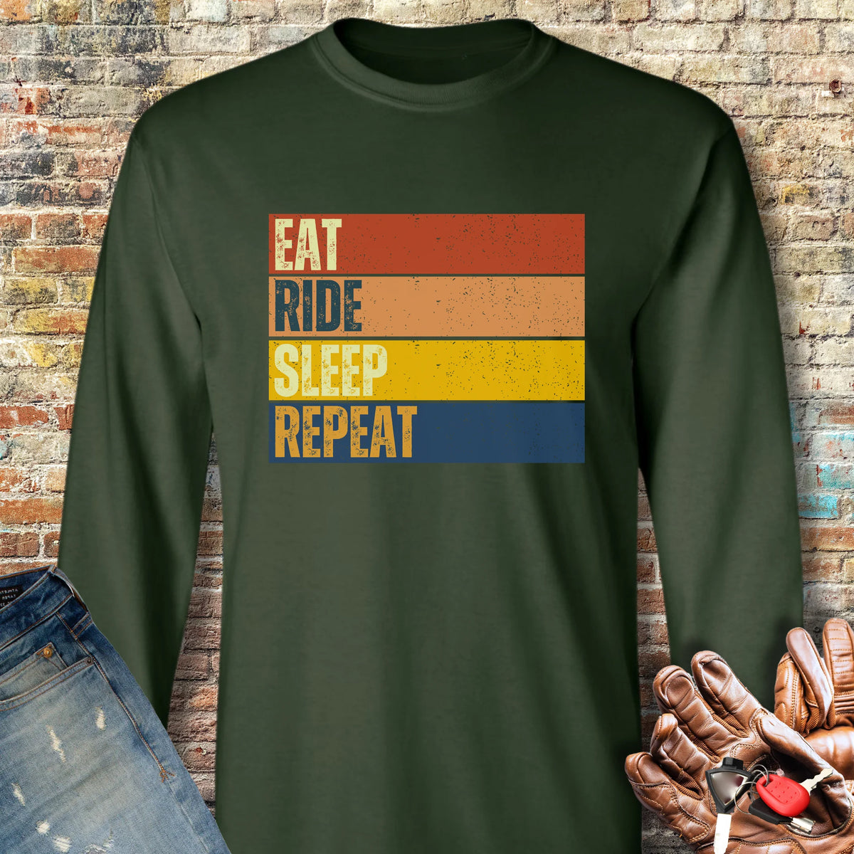 Eat Ride Sleep Repeat (Block) Long Sleeve T-Shirt - Forest Green