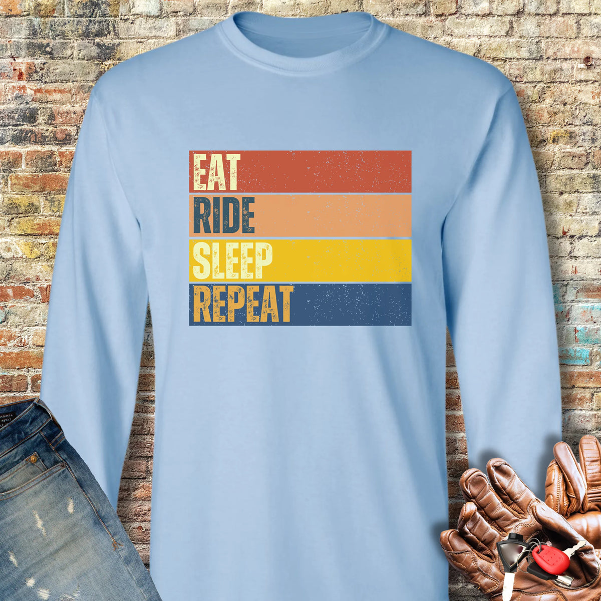 Eat Ride Sleep Repeat (Block) Long Sleeve T-Shirt - Light Blue