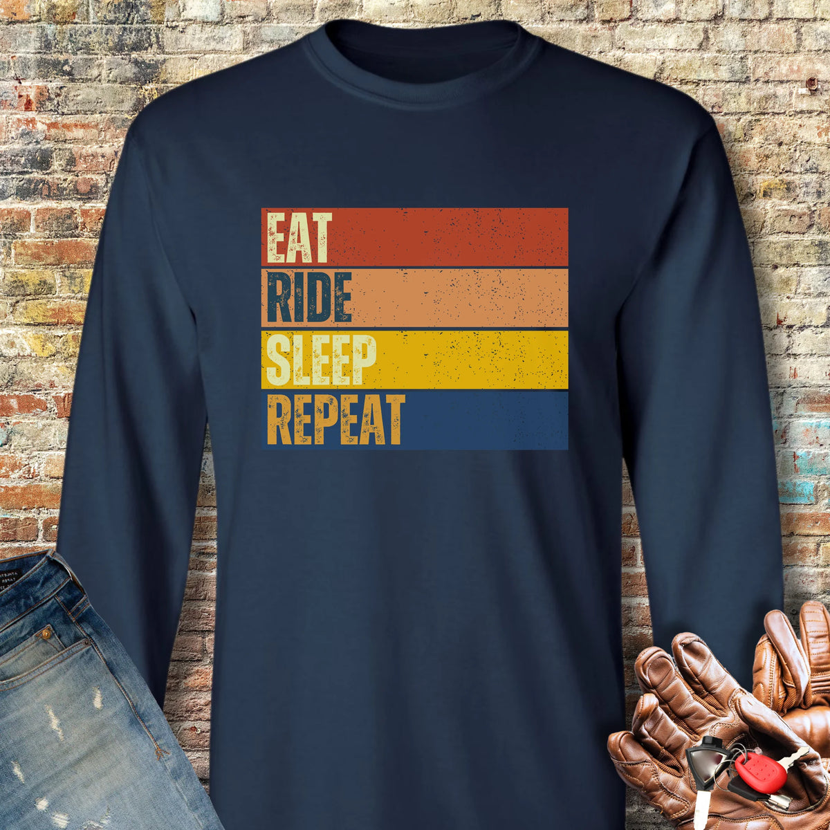 Eat Ride Sleep Repeat (Block) Long Sleeve T-Shirt - Navy