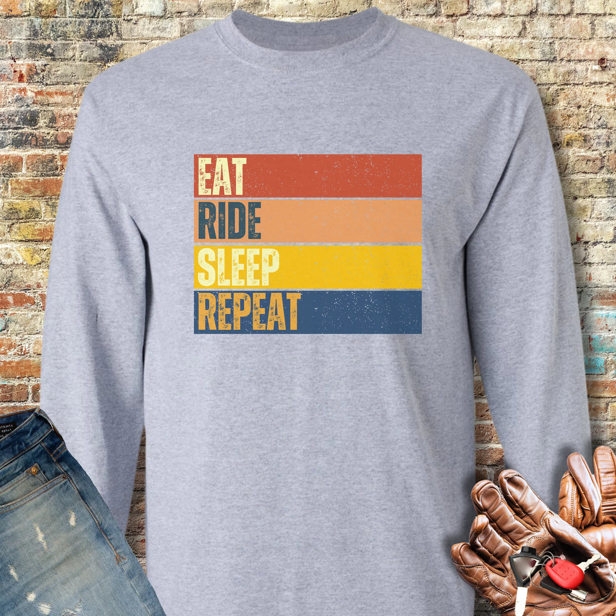 Eat Ride Sleep Repeat (Block) Long Sleeve T-Shirt - Sport Grey