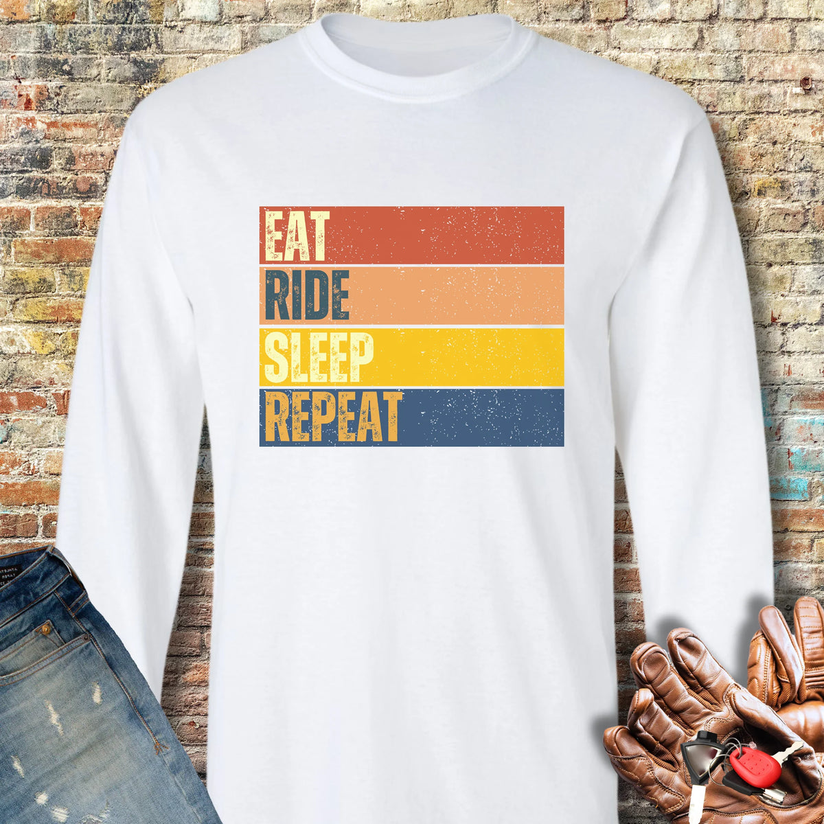 Eat Ride Sleep Repeat (Block) Long Sleeve T-Shirt - White
