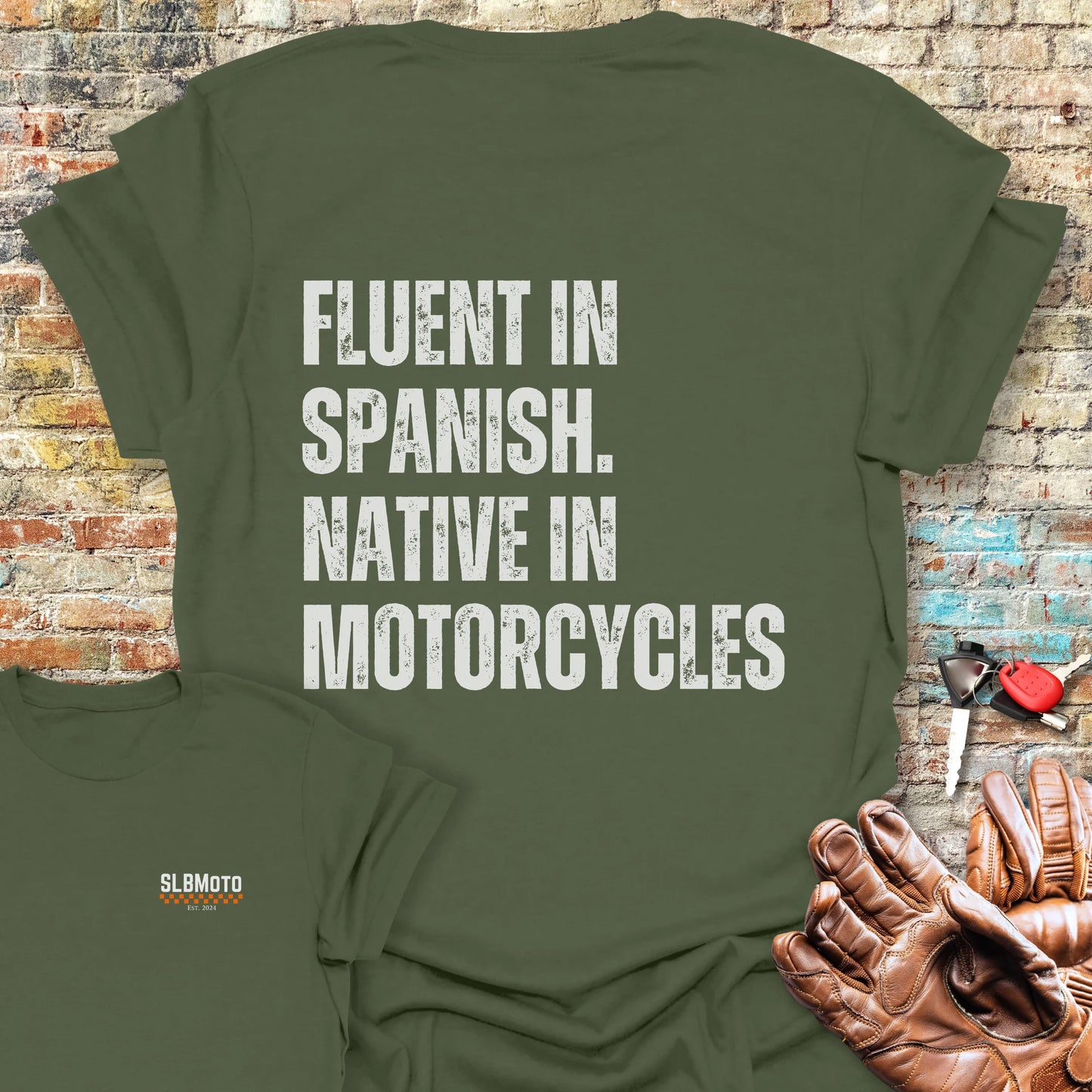Fluent In Spanish Back Print T-Shirt - Military Green