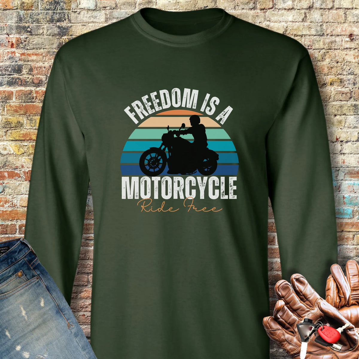 Freedom Is A Motorcycle (Ride Free) Long Sleeve T-Shirt - Forest Green