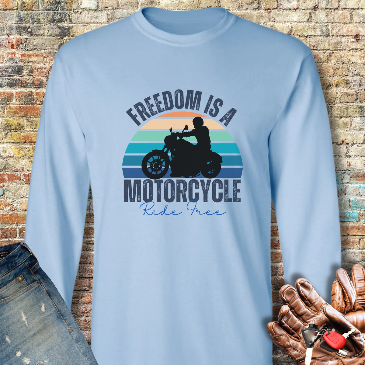 Freedom Is A Motorcycle (Ride Free) Long Sleeve T-Shirt - Light Blue