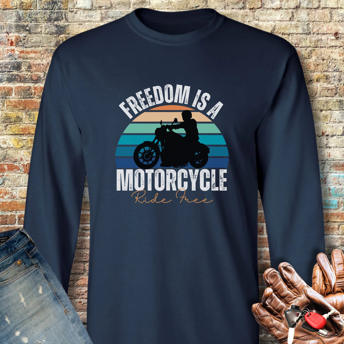 Freedom Is A Motorcycle (Ride Free) Long Sleeve T-Shirt - Navy