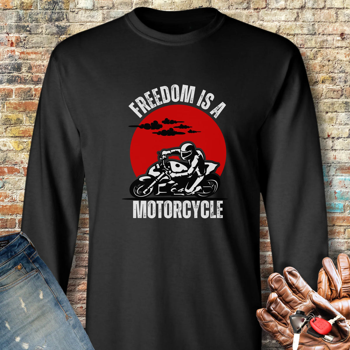 Freedom Is A Motorcycle (Streetfighter) Long Sleeve T-Shirt - Black