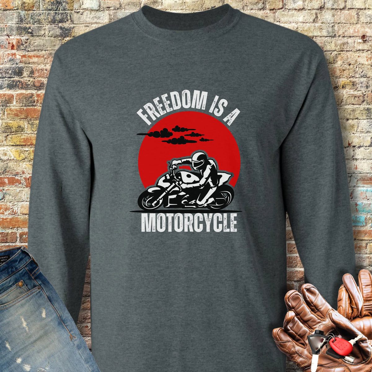 Freedom Is A Motorcycle (Streetfighter) Long Sleeve T-Shirt - Dark Heather