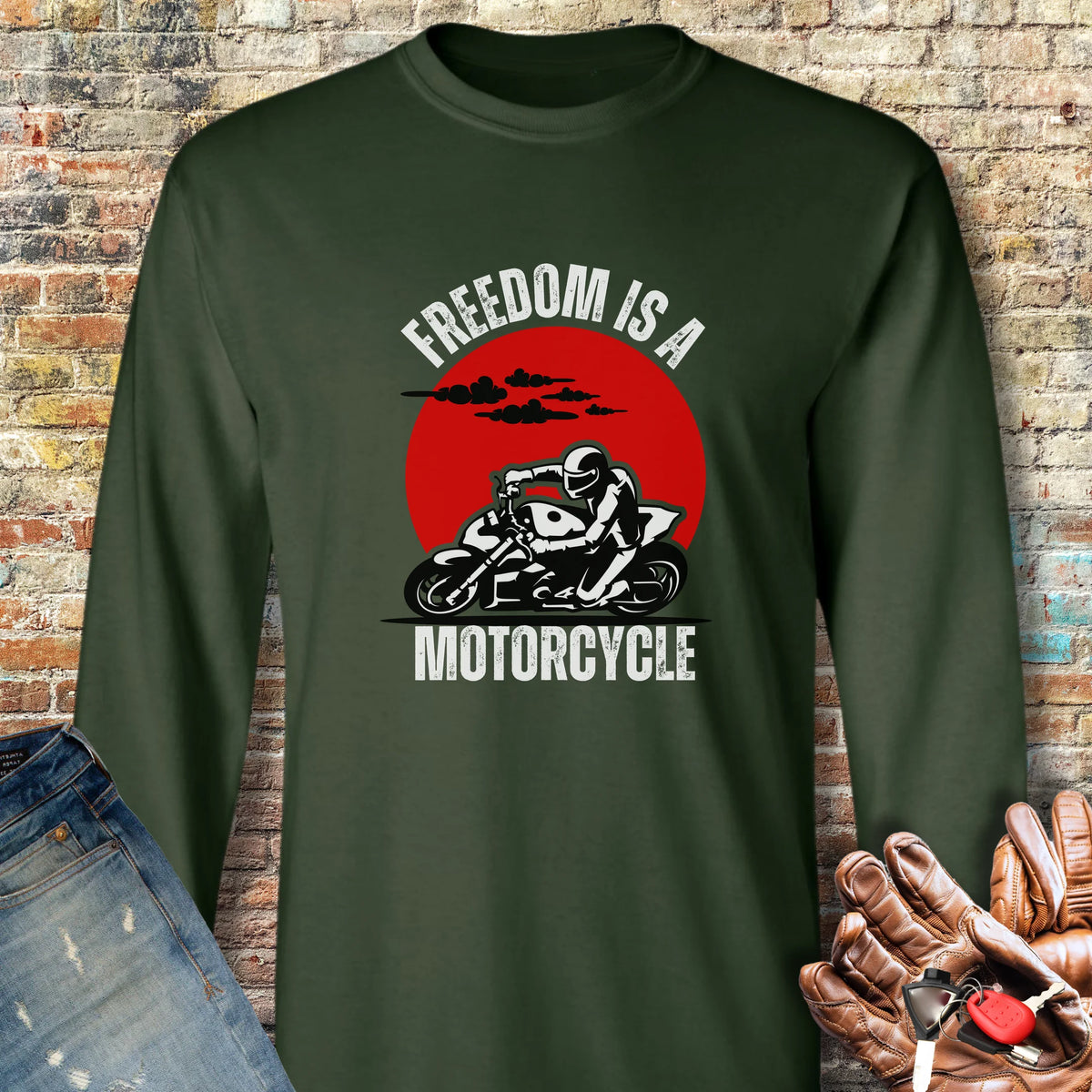 Freedom Is A Motorcycle (Streetfighter) Long Sleeve T-Shirt - Forest Green
