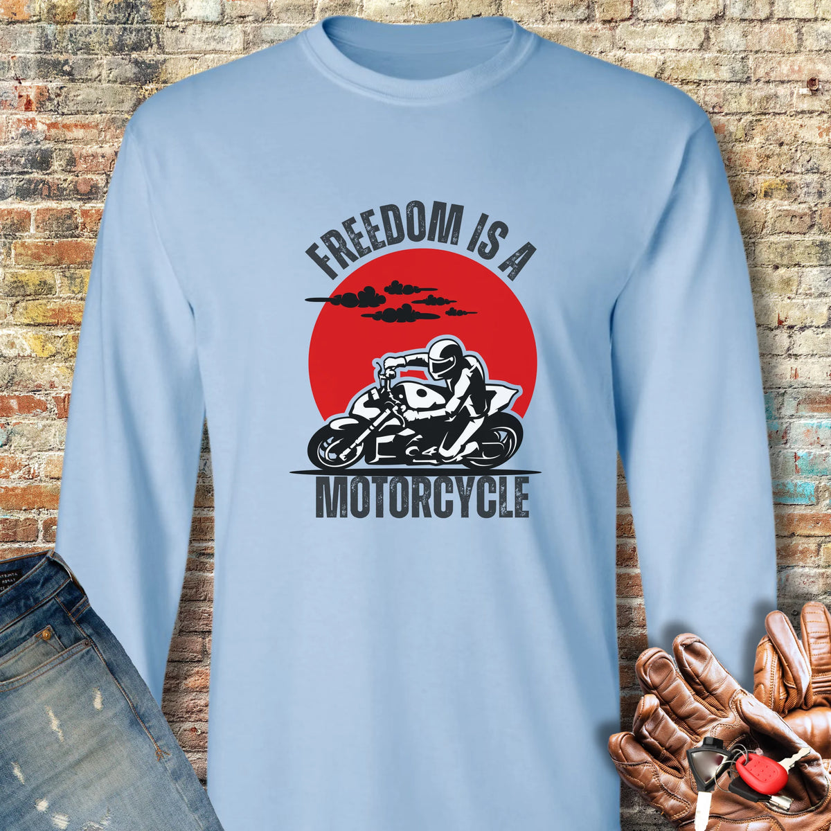 Freedom Is A Motorcycle (Streetfighter) Long Sleeve T-Shirt - Light Blue
