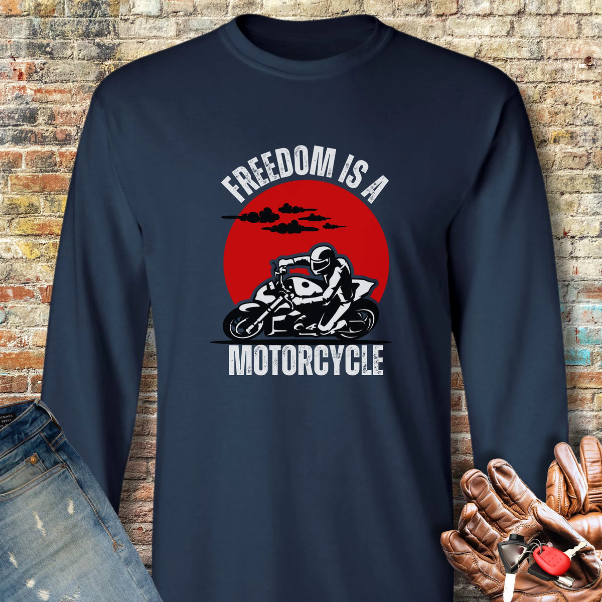 Freedom Is A Motorcycle (Streetfighter) Long Sleeve T-Shirt - Navy