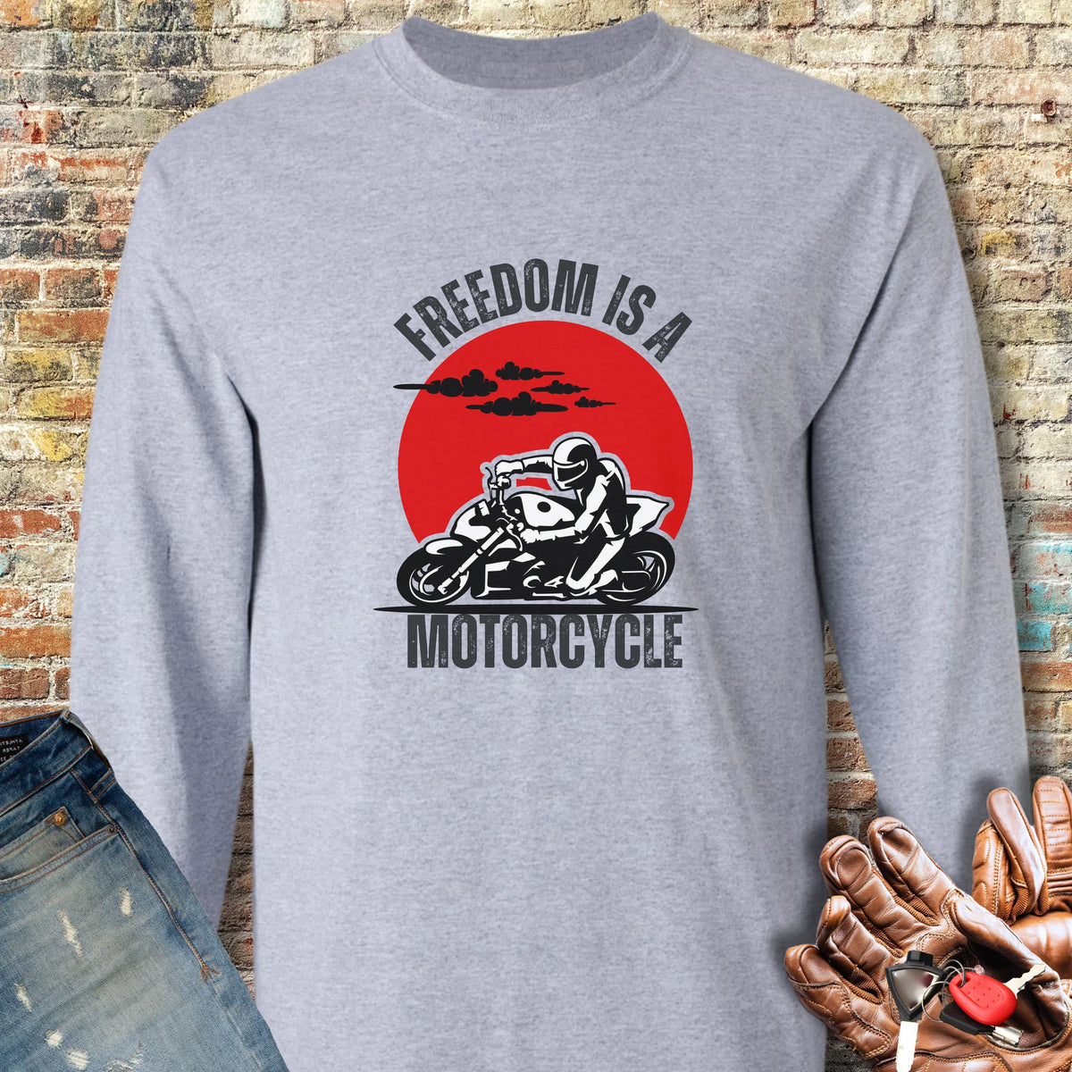 Freedom Is A Motorcycle (Streetfighter) Long Sleeve T-Shirt - Sport Grey