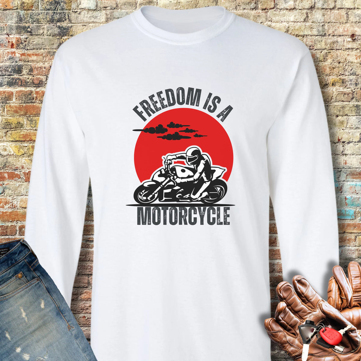 Freedom Is A Motorcycle (Streetfighter) Long Sleeve T-Shirt - White