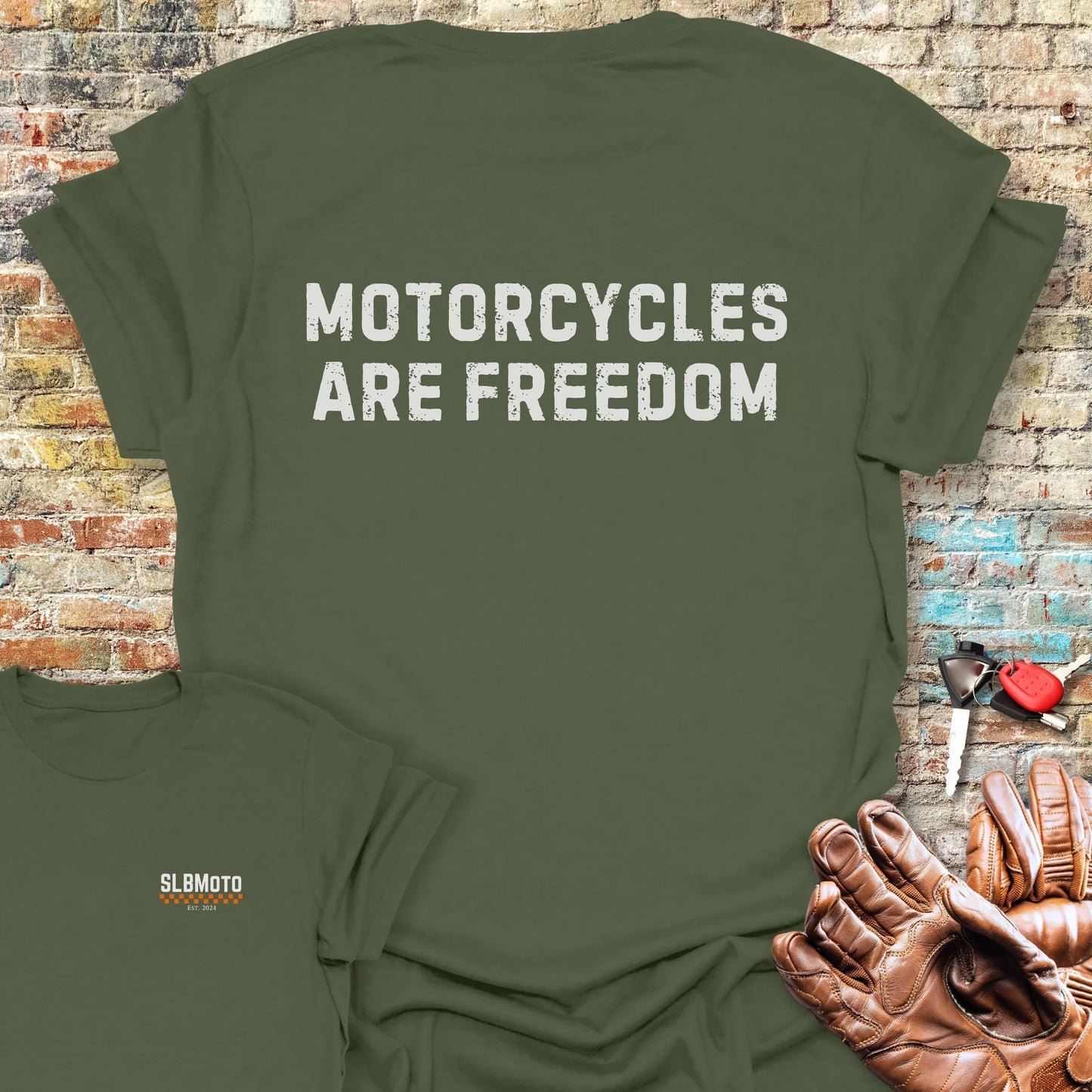 Freedom (Text) Back Print T-Shirt - Military Green