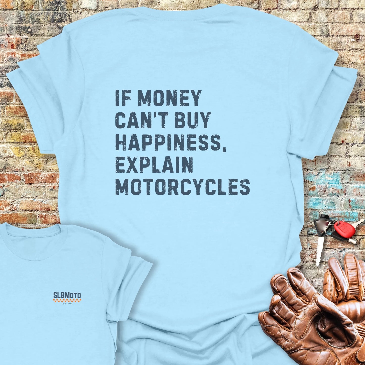 Happiness (Text) Back Print T-Shirt - Light Blue