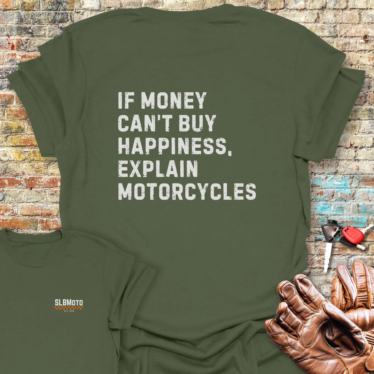Happiness (Text) Back Print T-Shirt - Military Green