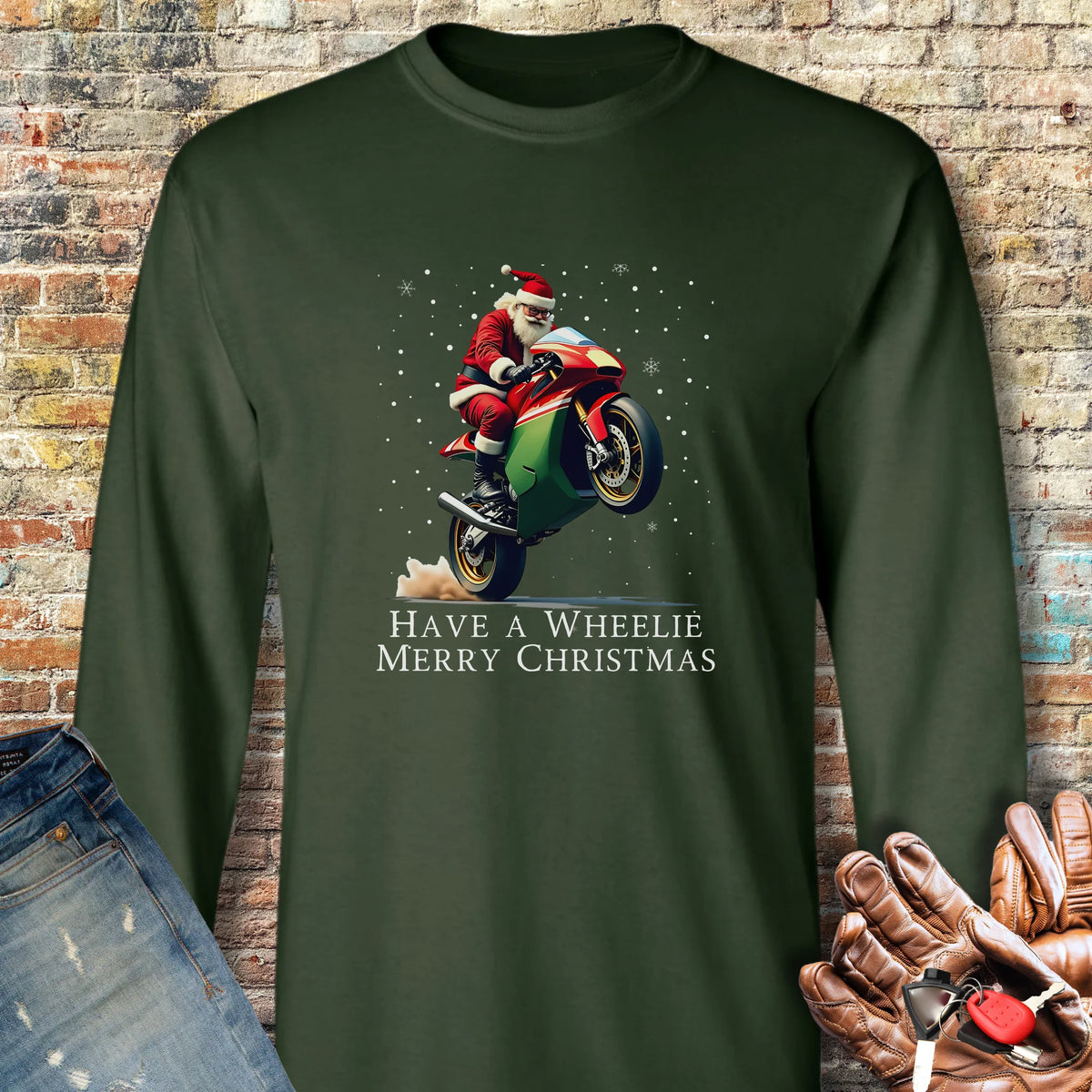 Have a Wheelie Merry Christmas Long Sleeve T-Shirt - Forest Green