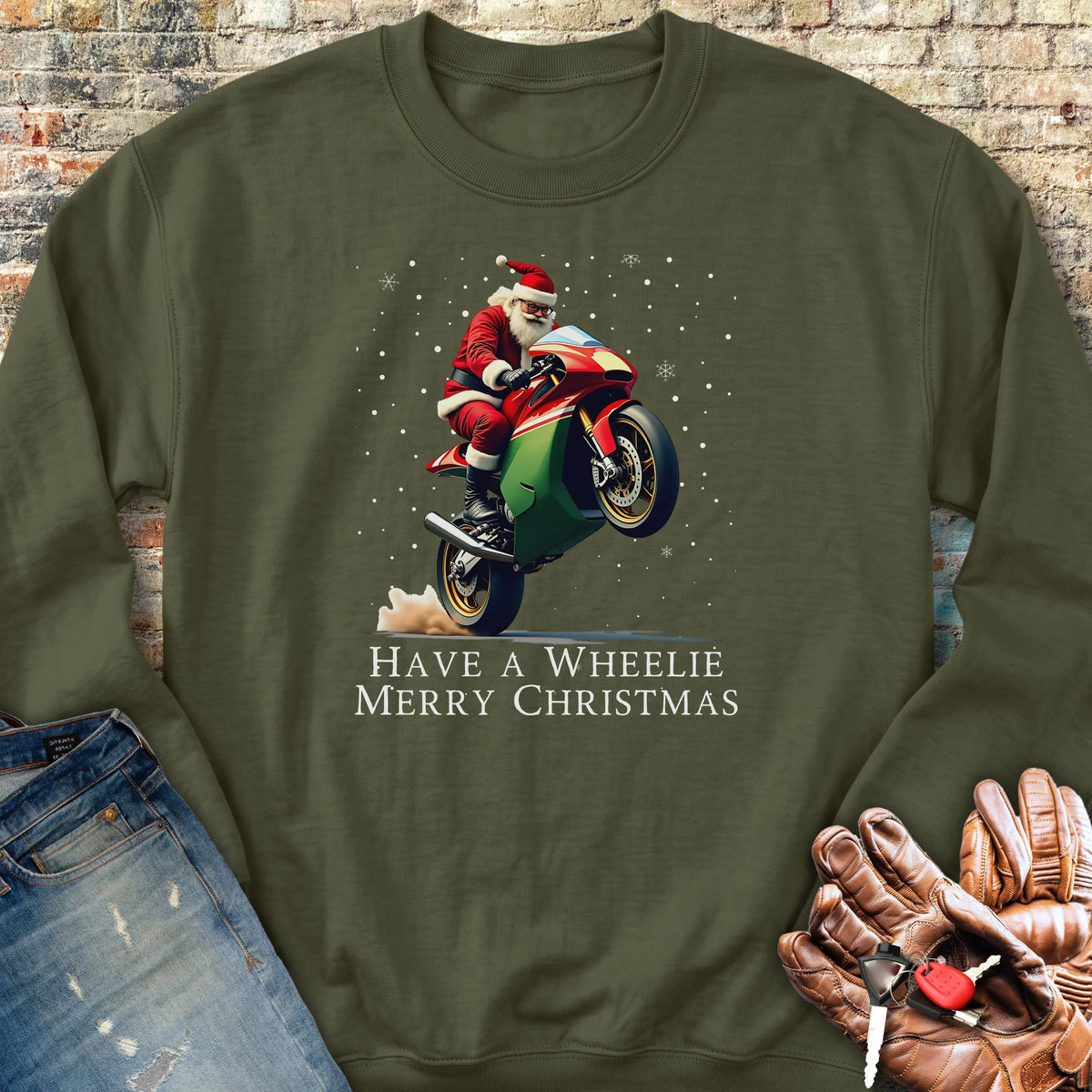 Have a Wheelie Merry Christmas Sweatshirt - Military Green