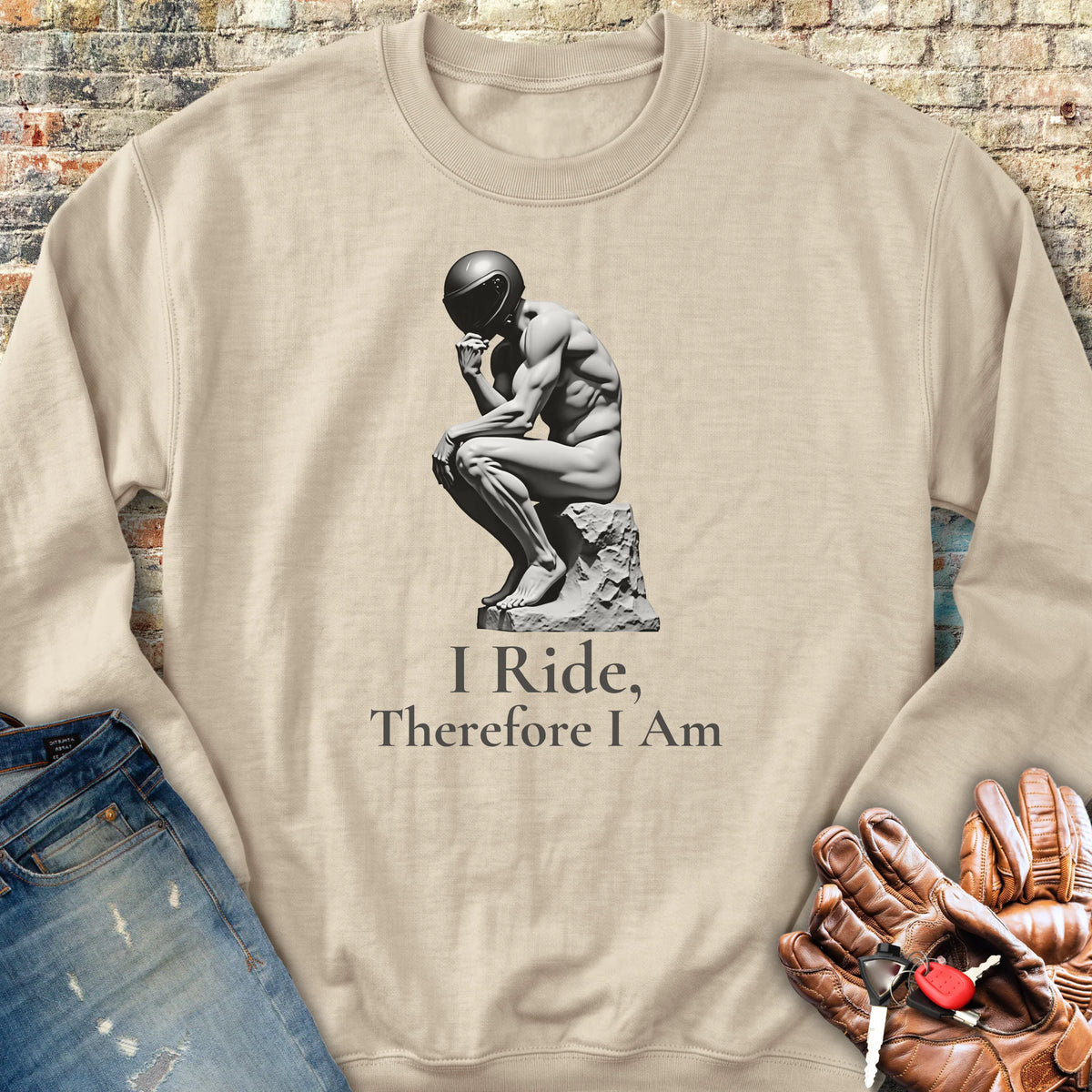 I Ride Therefore I Am Sweatshirt - Sand
