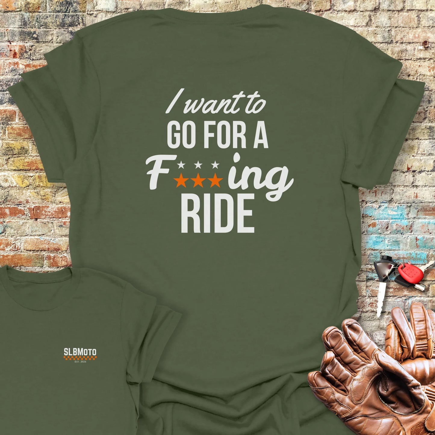 I Want To Go For A Ride Back Print T-Shirt - Military Green