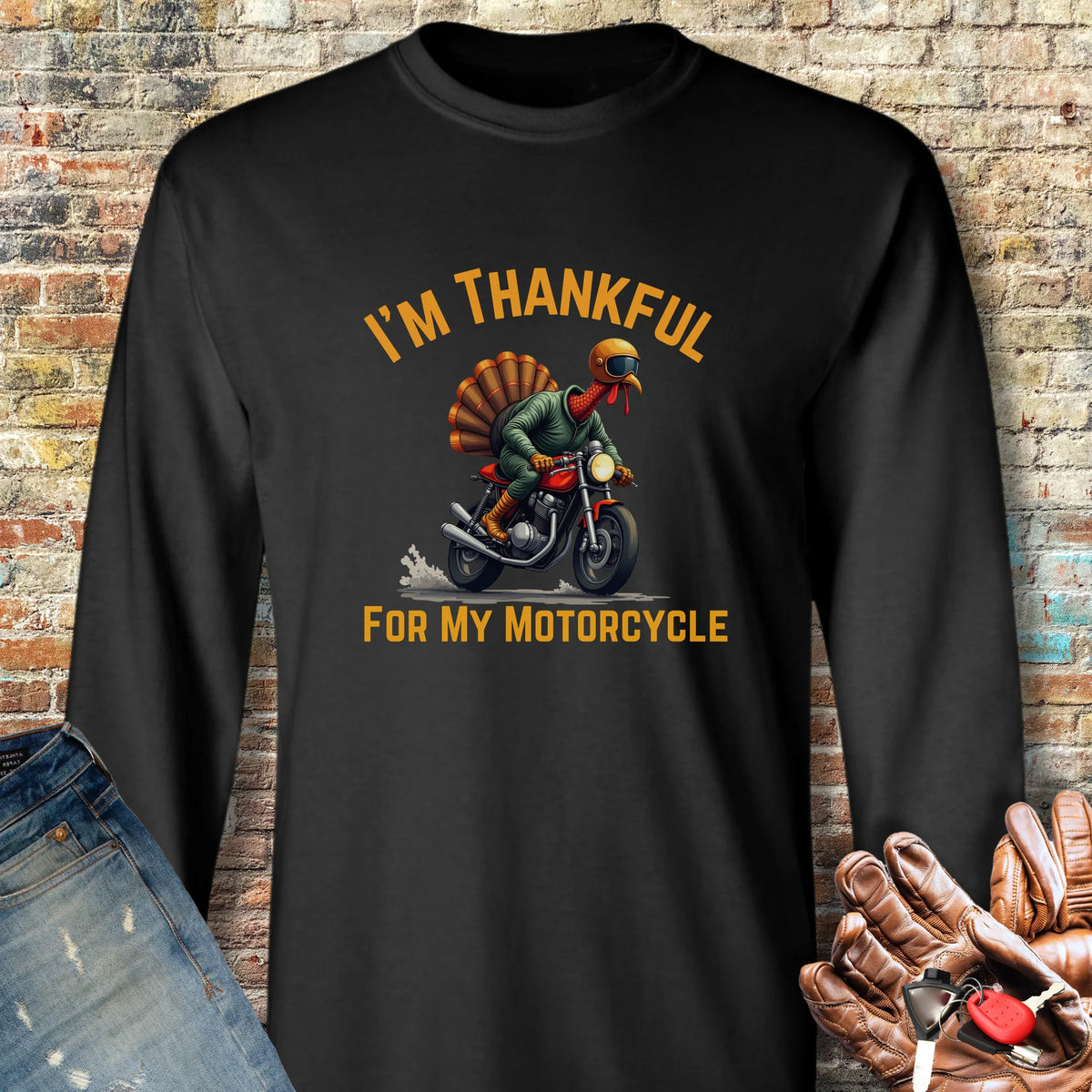 I'm Thankful For My Motorcycle Long Sleeve T-Shirt - Black