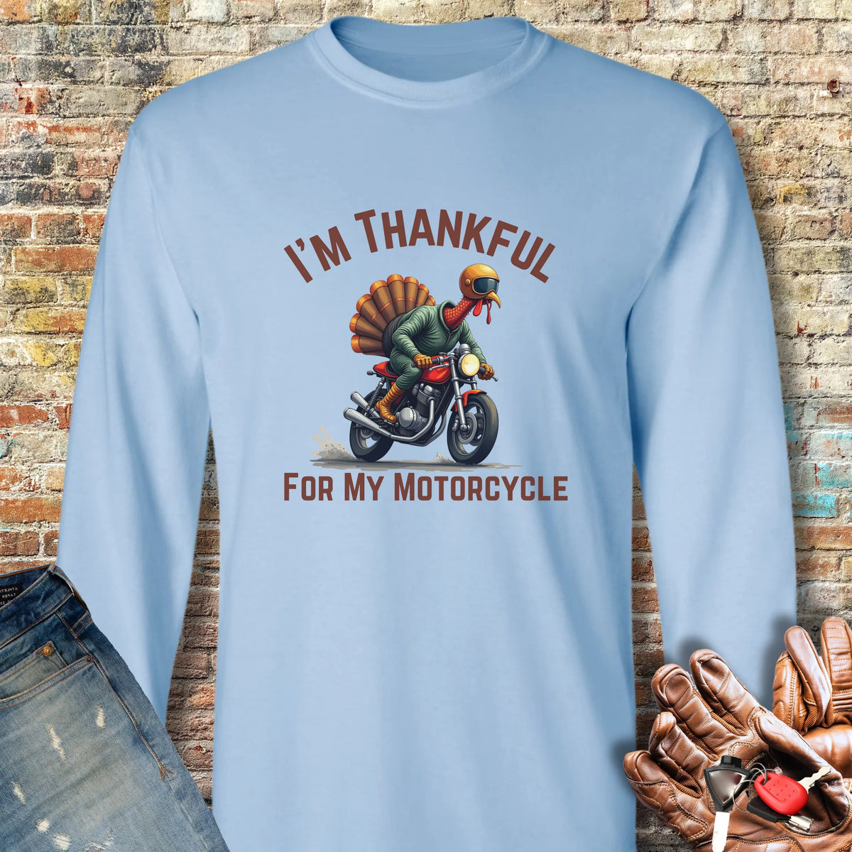 I'm Thankful For My Motorcycle Long Sleeve T-Shirt - Light Blue