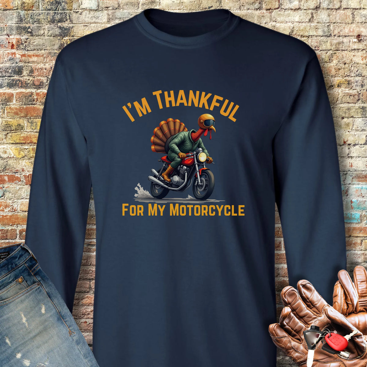 I'm Thankful For My Motorcycle Long Sleeve T-Shirt - Navy