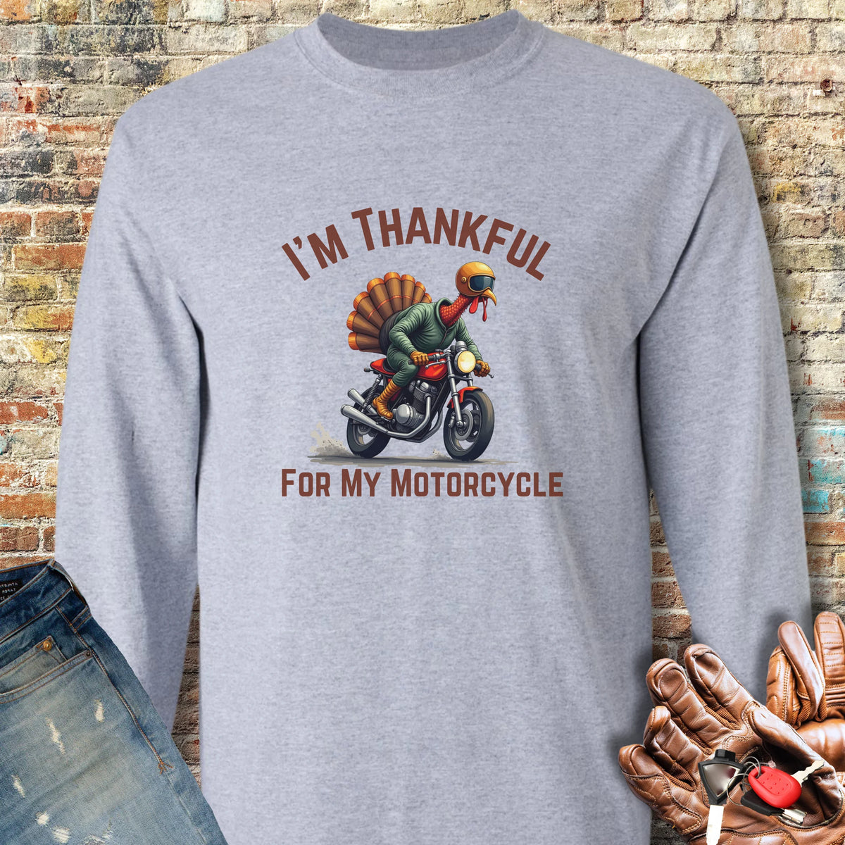 I'm Thankful For My Motorcycle Long Sleeve T-Shirt - Sport Grey