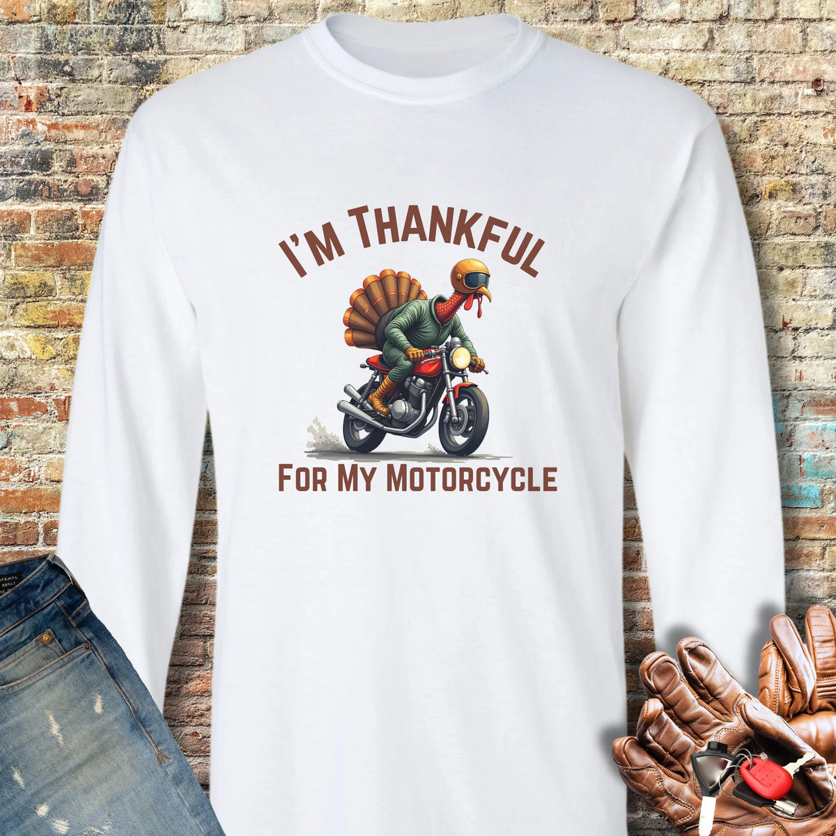 I'm Thankful For My Motorcycle Long Sleeve T-Shirt - White