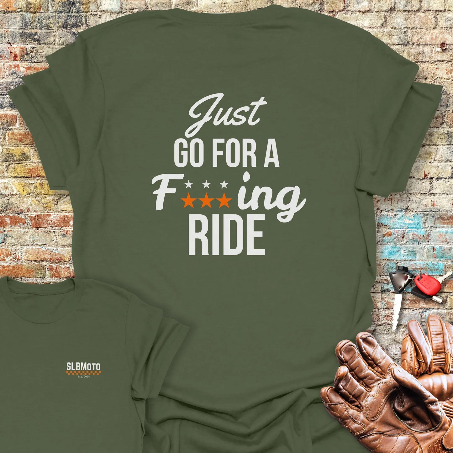 Just Go For A Ride Back Print T-Shirt - Military Green
