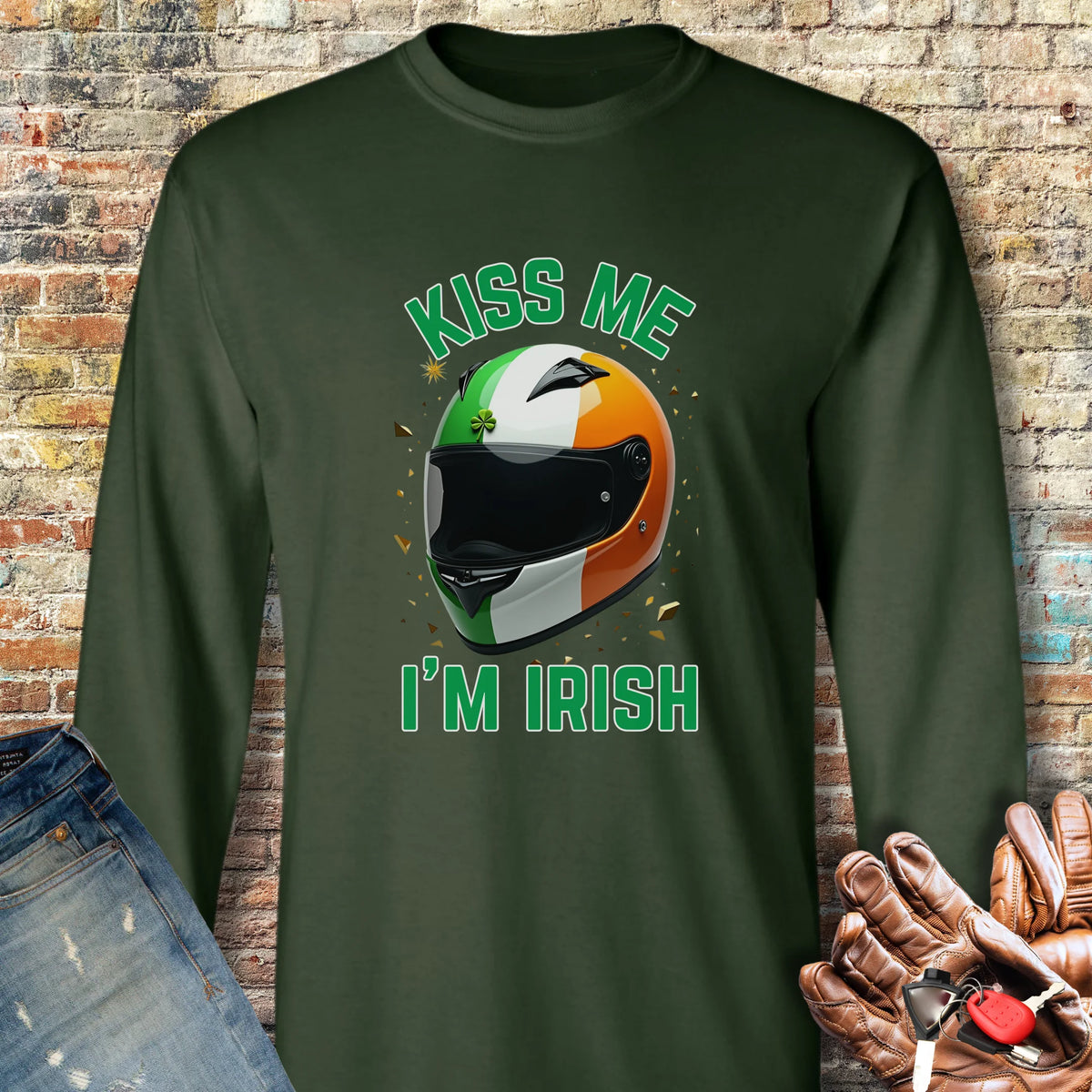 Kiss Me (Helmet) Long Sleeve T-Shirt - Forest Green