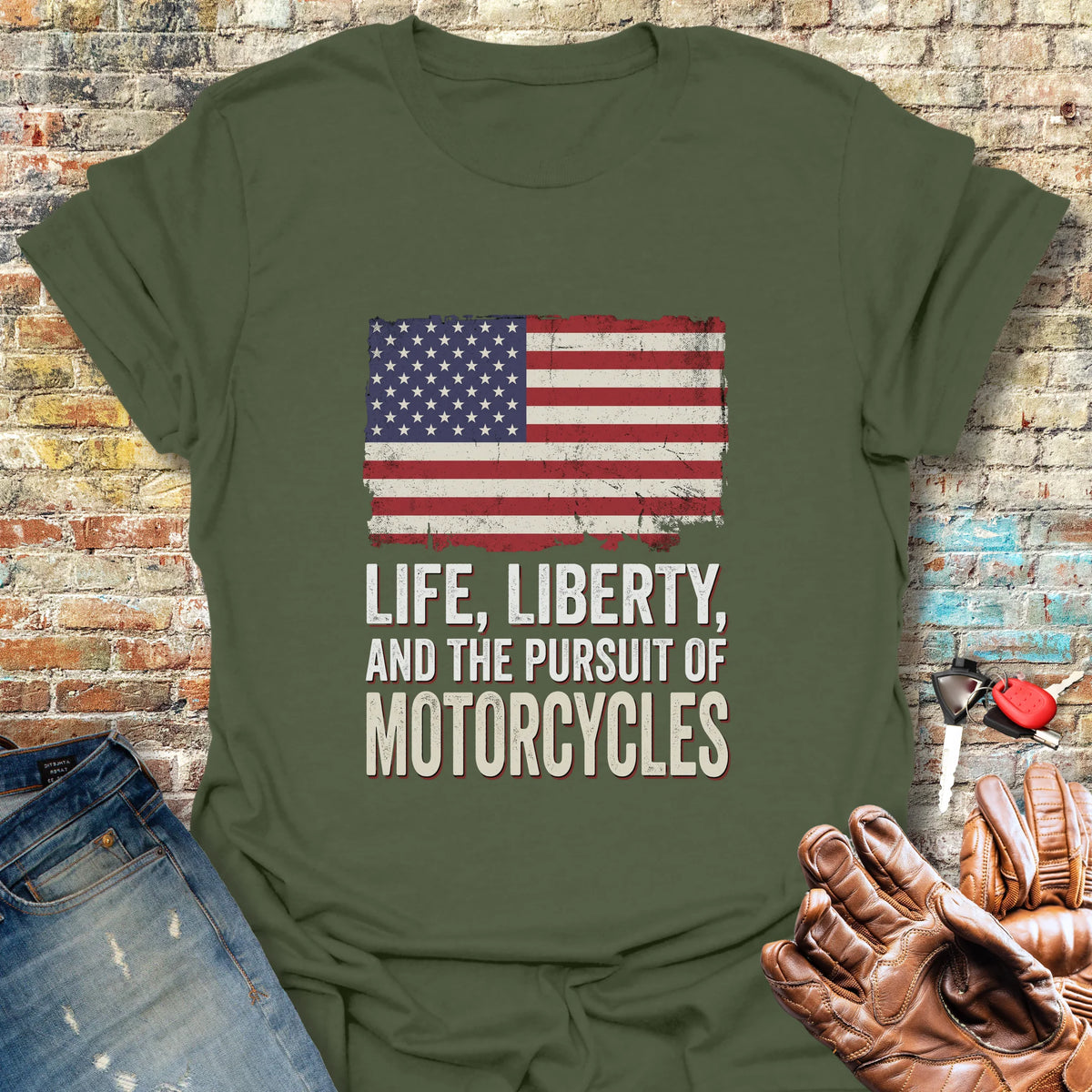 Life Liberty Motorcycles T-Shirt - Military Green