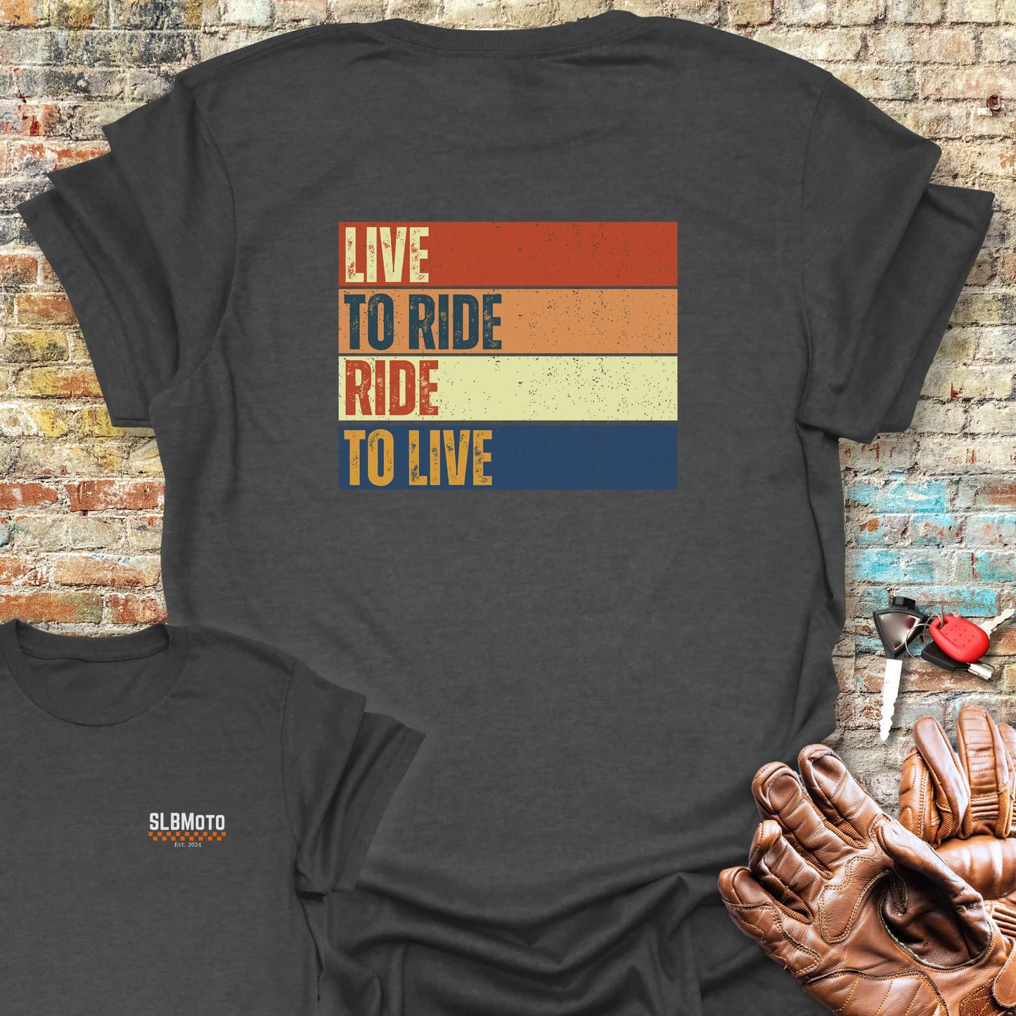 Live To Ride (Block) Back Print T-Shirt - Dark Heather
