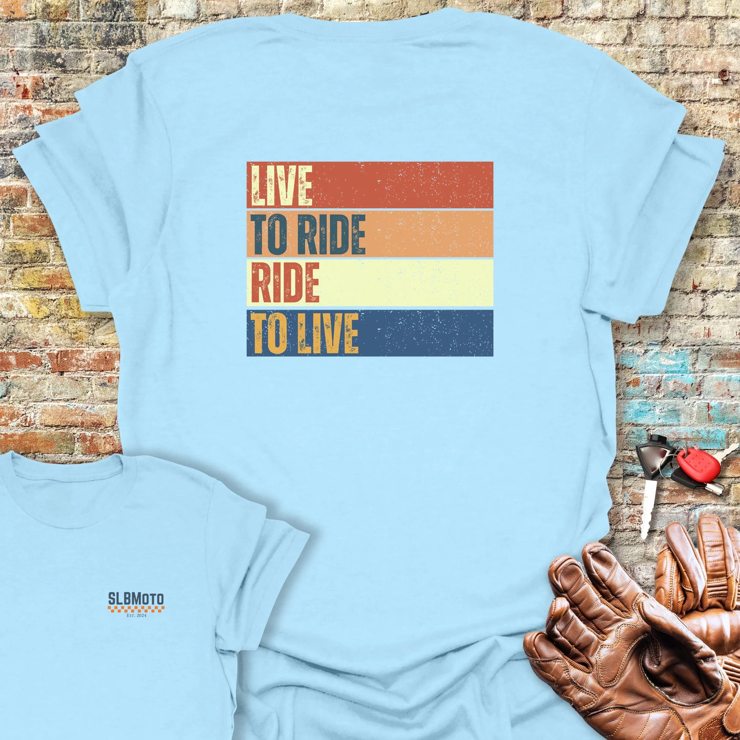 Live To Ride (Block) Back Print T-Shirt - Light Blue