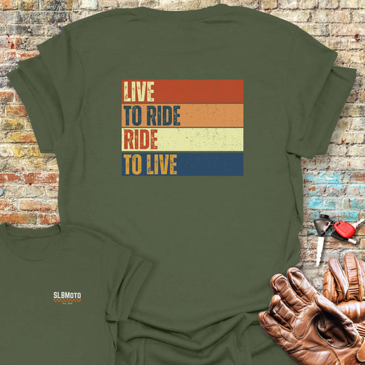 Live To Ride (Block) Back Print T-Shirt - Military Green