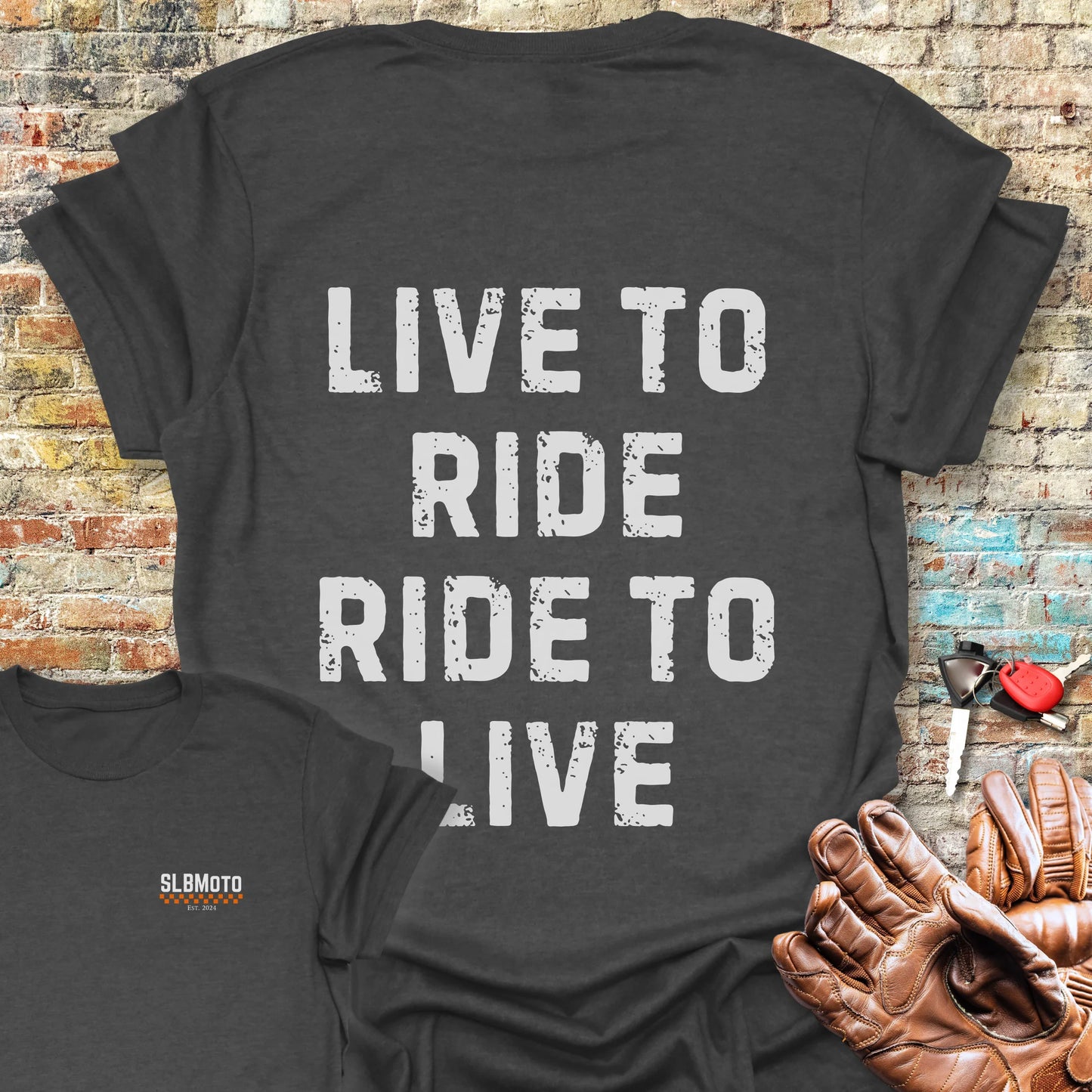 Live To Ride (Text) Back Print T-Shirt - Dark Heather