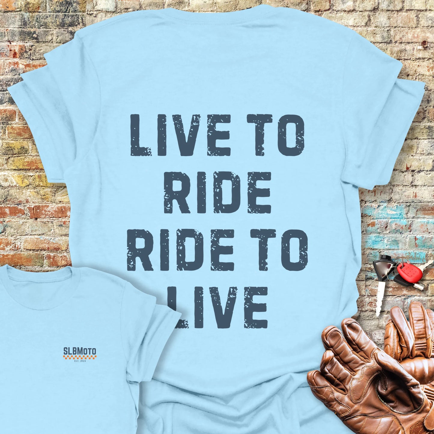 Live To Ride (Text) Back Print T-Shirt - Light Blue