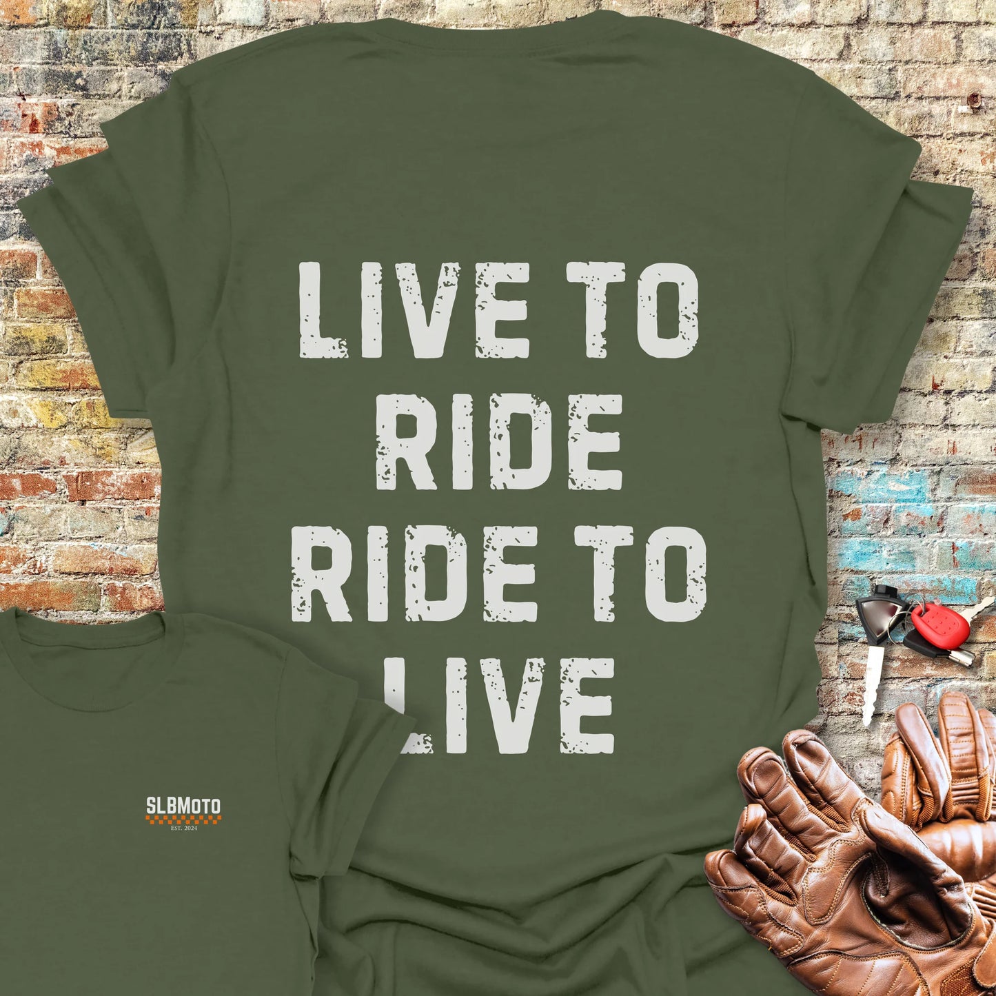 Live To Ride (Text) Back Print T-Shirt - Military Green