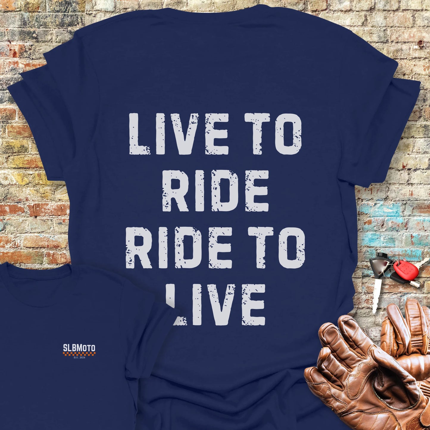 Live To Ride (Text) Back Print T-Shirt - Navy