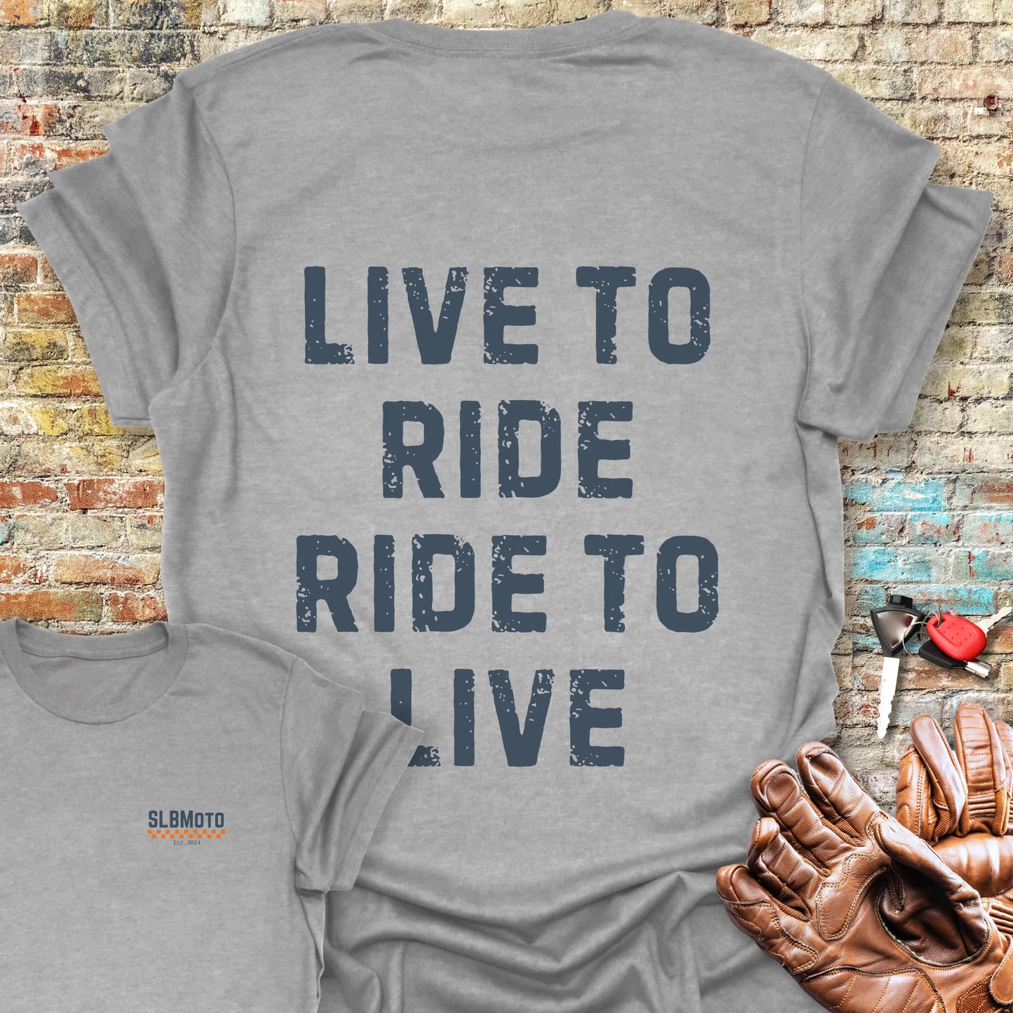Live To Ride (Text) Back Print T-Shirt - Sport Grey