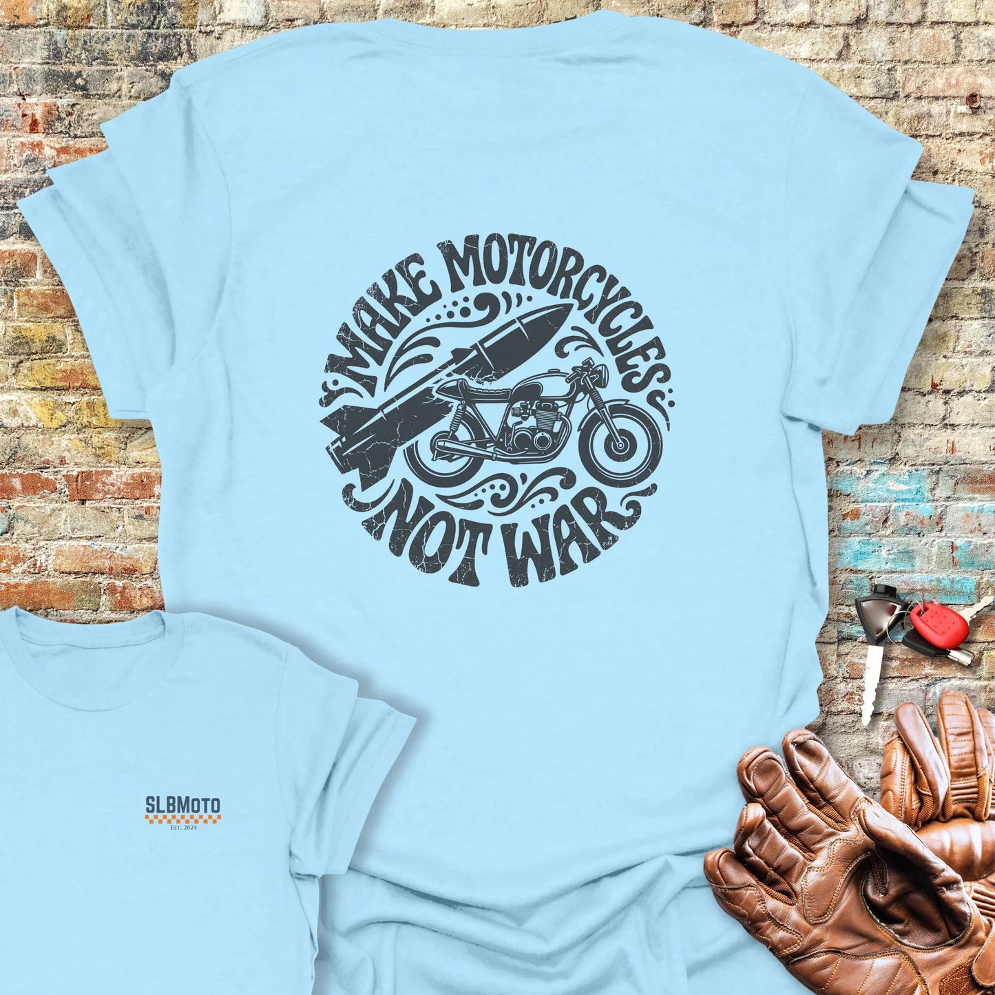 Make Motorcycles Back Print T-Shirt - Light Blue