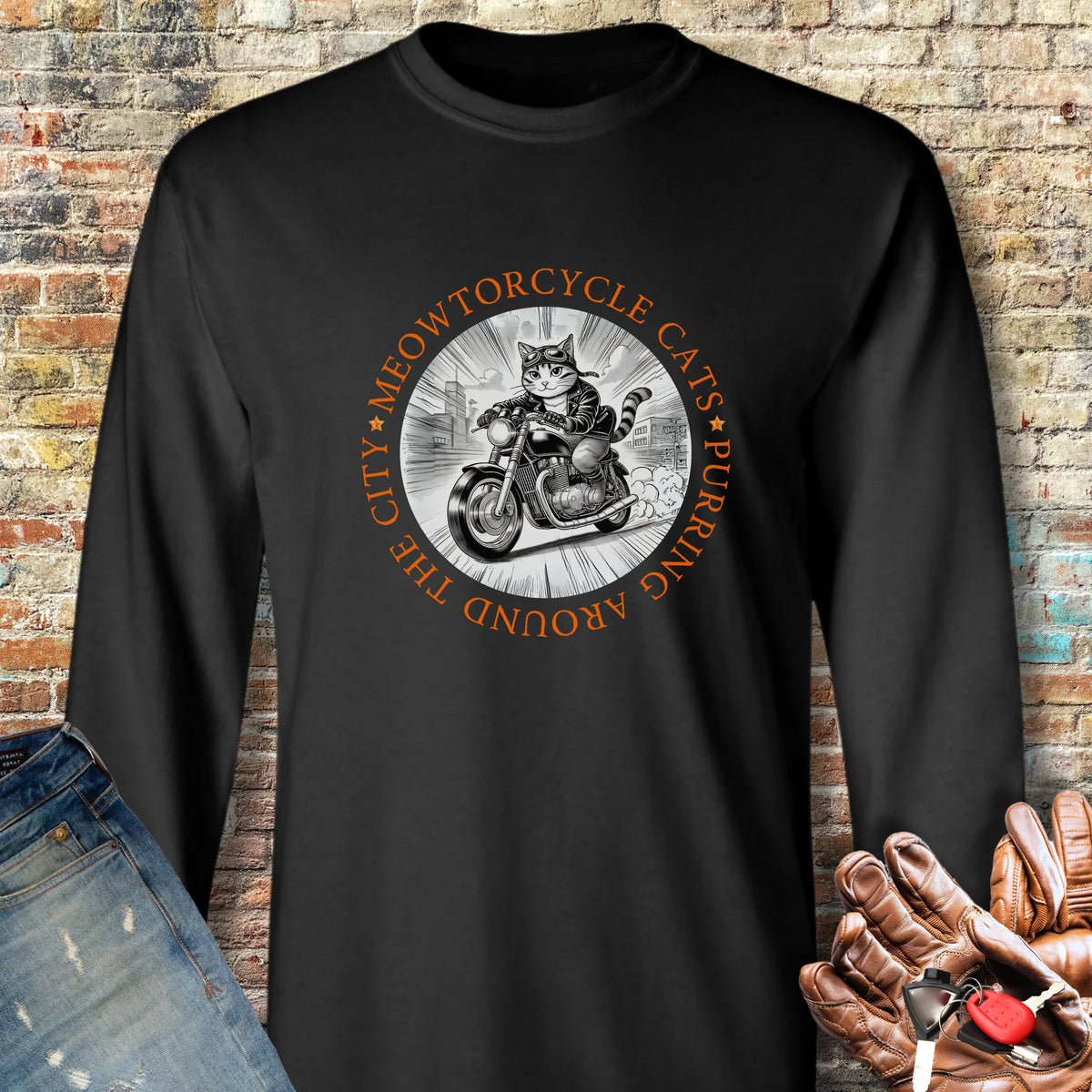 Meowtorcycle Cats Long Sleeve T-Shirt - Black