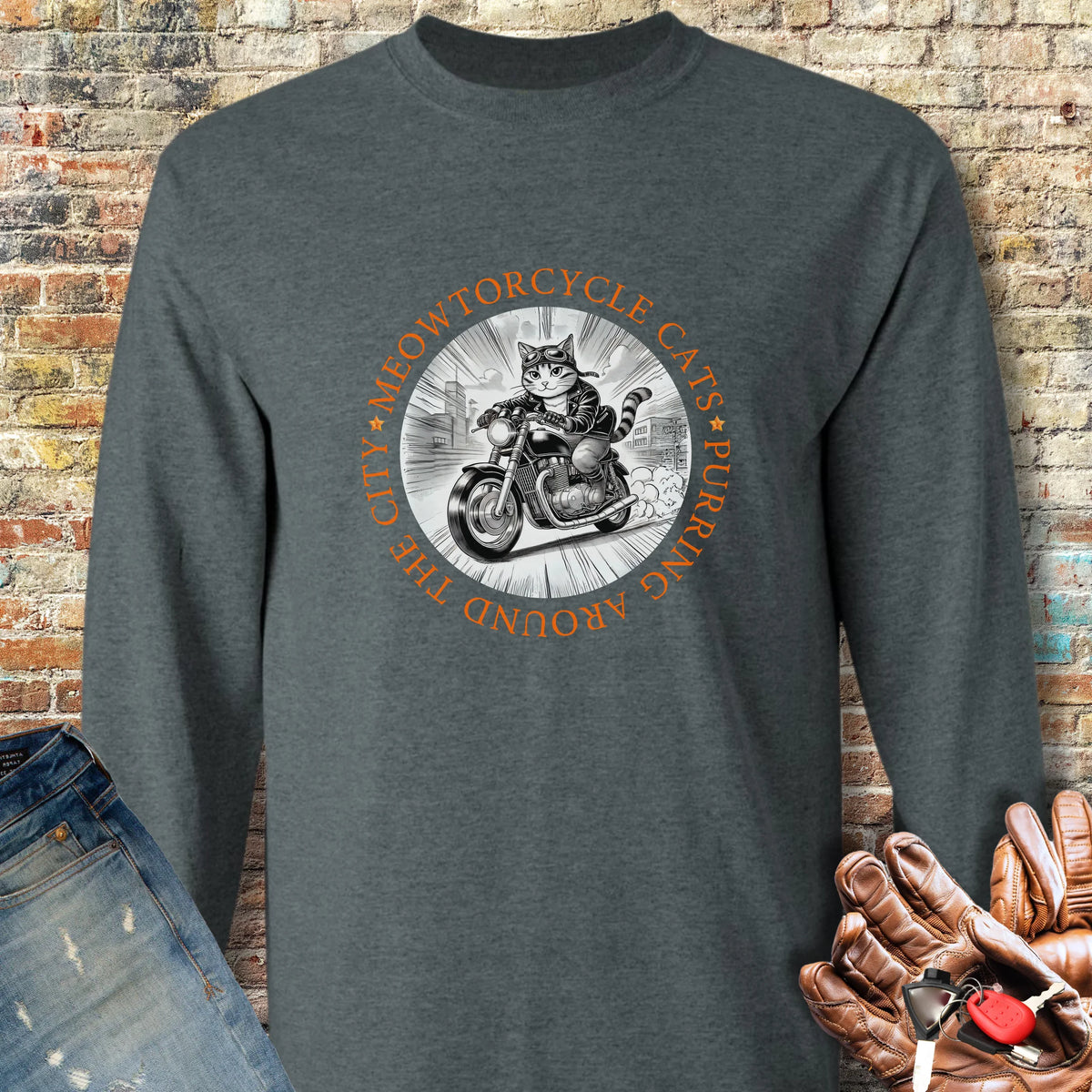 Meowtorcycle Cats Long Sleeve T-Shirt - Dark Heather