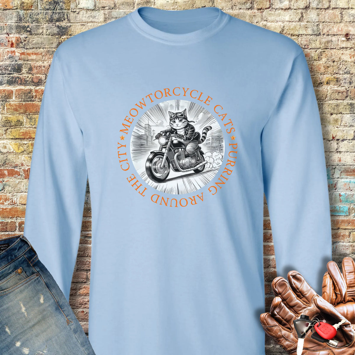 Meowtorcycle Cats Long Sleeve T-Shirt - Light Blue