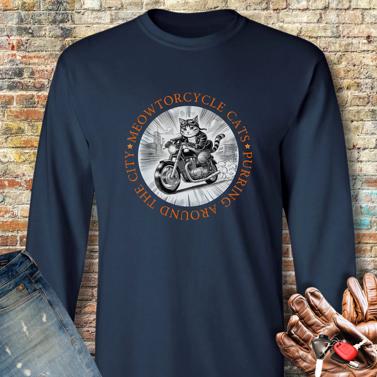 Meowtorcycle Cats Long Sleeve T-Shirt - Navy