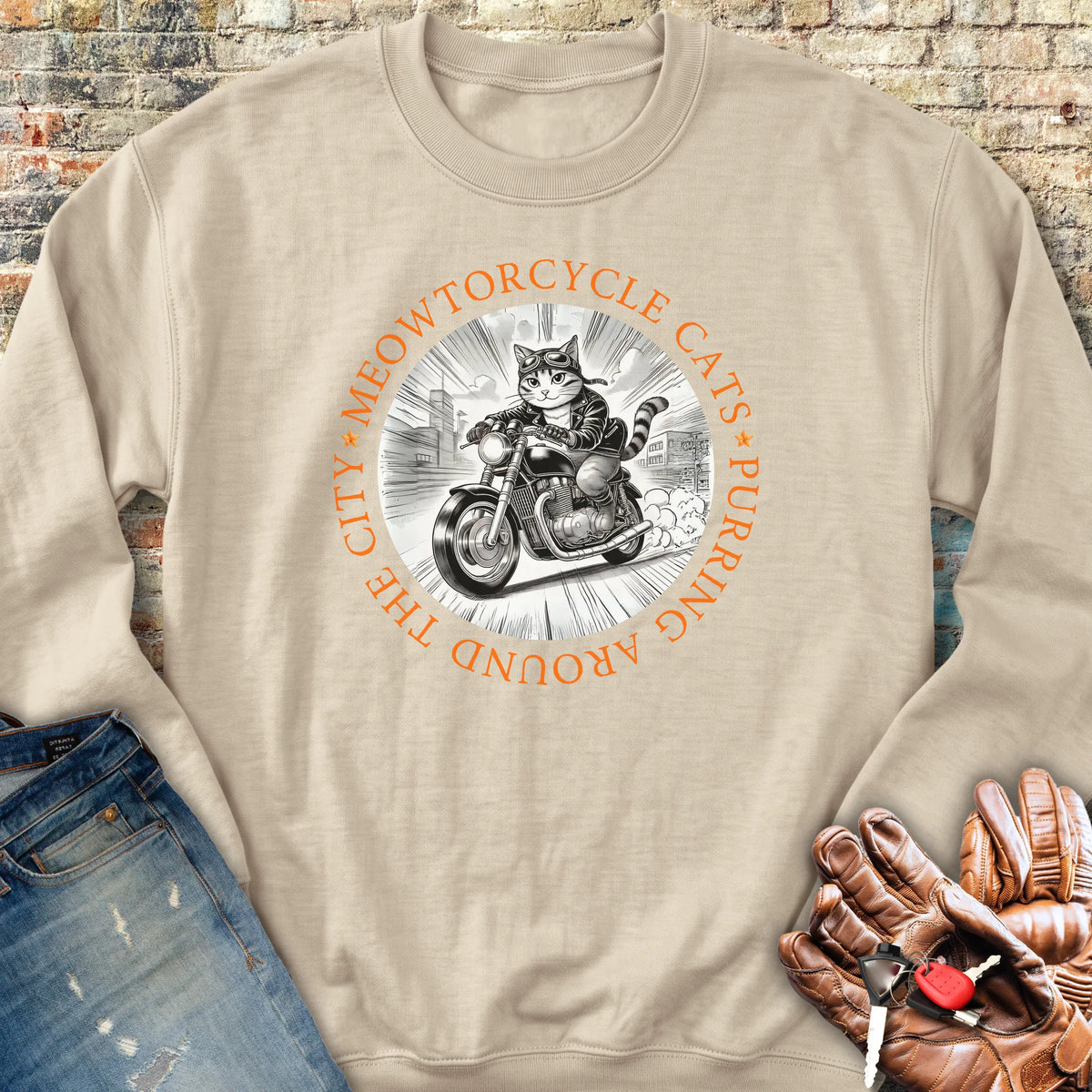 Meowtorcycle Cats Sweatshirt - Sand