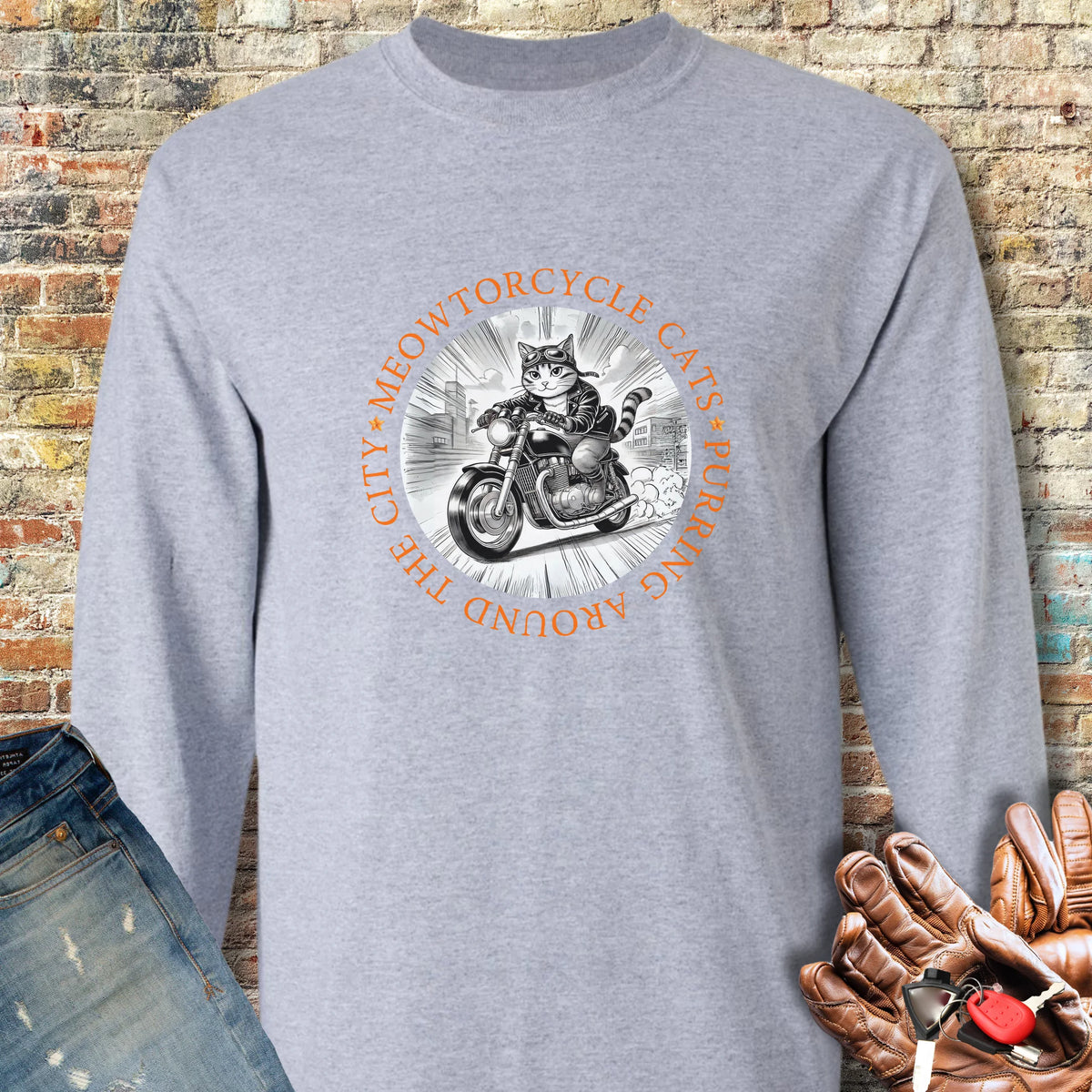 Meowtorcycle Cats Long Sleeve T-Shirt - Sport Grey